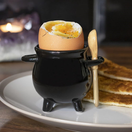 Witch's Cauldron Egg Cup with Broom Spoon